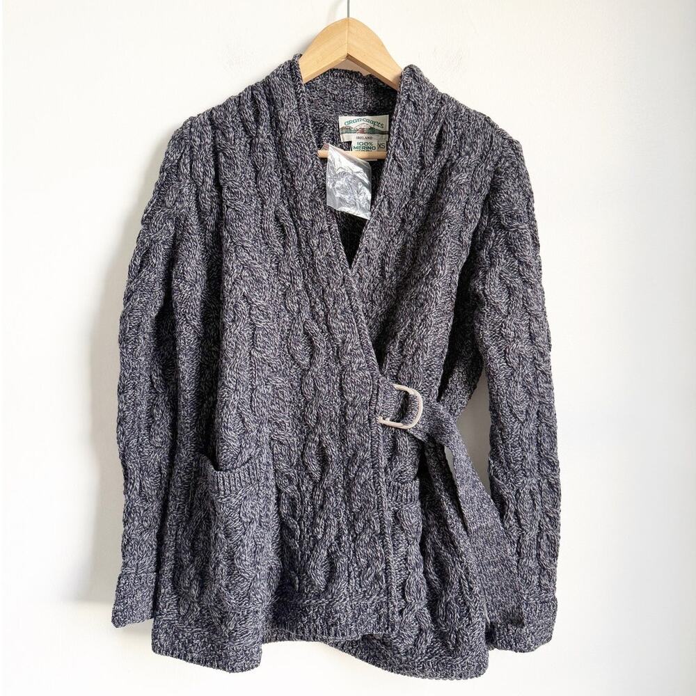 Aran Craft Merino Wool Wrap Front Cardigan with Belt Navy Blue XS